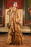 Buy_SANAM_Gold Tissue Print Floral V-neck Pre-draped Saree With Tie Up Blouse _at_Aza_Fashions