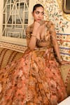 Buy_SANAM_Peach Tissue Embroidery Moti Plunge V-neck Floral Gota Kalidar Lehenga Set _at_Aza_Fashions