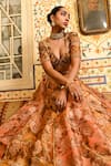 Buy_SANAM_Peach Tissue Embroidery Moti Plunge V-neck Floral Gota Kalidar Lehenga Set _Online_at_Aza_Fashions