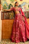 Buy_SANAM_Pink Tissue Embroidery Moti Plunge V-neck Floral Print Kalidar Lehenga Set _at_Aza_Fashions