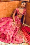 Buy_SANAM_Pink Tissue Embroidery Moti Plunge V-neck Floral Print Kalidar Lehenga Set _Online_at_Aza_Fashions