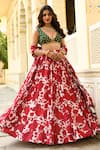 Buy_SANAM_Red Crepe Silk Embroidery Moti Plunge V-neck Floral Print Gathered Lehenga Set _at_Aza_Fashions