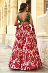 SANAM_Red Crepe Silk Embroidery Moti Plunge V-neck Floral Print Gathered Lehenga Set _Online_at_Aza_Fashions