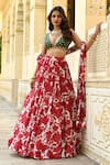 Buy_SANAM_Red Crepe Silk Embroidery Moti Plunge V-neck Floral Print Gathered Lehenga Set _Online_at_Aza_Fashions