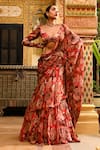 Buy_SANAM_Red Silk Chiffon Print Floral Leaf Blouse With Ruffle Pre-draped Saree _at_Aza_Fashions