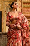 Buy_SANAM_Red Silk Chiffon Print Floral Leaf Blouse With Ruffle Pre-draped Saree _Online_at_Aza_Fashions