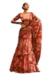 Buy_SANAM_Red Silk Chiffon Print Floral Leaf Blouse With Ruffle Pre-draped Saree 