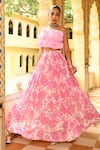 Buy_SANAM_Pink Organza Print Floral Off Shoulder Gathered Lehenga With Ruffle Blouse _at_Aza_Fashions