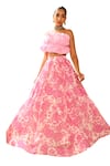 SANAM_Pink Organza Print Floral Off Shoulder Gathered Lehenga With Ruffle Blouse _at_Aza_Fashions