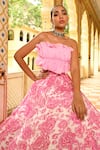 Shop_SANAM_Pink Organza Print Floral Off Shoulder Gathered Lehenga With Ruffle Blouse _at_Aza_Fashions