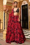 Buy_SANAM_Red Crepe Silk Embroidery Moti Plunge Chiffon Floral Print Gathered Lehenga Set _at_Aza_Fashions