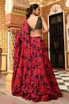 SANAM_Red Crepe Silk Embroidery Moti Plunge Chiffon Floral Print Gathered Lehenga Set _Online_at_Aza_Fashions