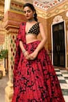 Buy_SANAM_Red Crepe Silk Embroidery Moti Plunge Chiffon Floral Print Gathered Lehenga Set _Online_at_Aza_Fashions