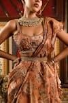 Shop_SANAM_Peach Tissue Embroidery Moti Scoop Floral Ruffle Pre-draped Saree Set _at_Aza_Fashions