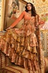 Buy_SANAM_Peach Tissue Embroidery Moti Floral Tiered Ruffle Pre-draped Saree With Blouse _at_Aza_Fashions