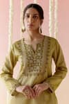 Shop_Nero India_Green Kurta Crushed Tissue Embroidered Floral Notched Stripped Pant Set _Online_at_Aza_Fashions