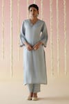 Nero India_Blue Kurta And Pant Tissue Embroidered Aari V-neck Straight Set _Online_at_Aza_Fashions