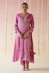 Buy_Nero India_Pink Kurta And Pant Tissue Embroidered Aari V-neck Angrakha Set _Online_at_Aza_Fashions