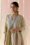 Buy_Nero India_Green Kurta And Pant Tissue Embroidered Floral Notched Yoke A-line Set 