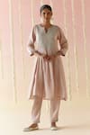 Nero India_Pink Kurta And Pant Tissue Embroidered Floral Notched A-line Set _Online_at_Aza_Fashions