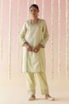 Nero India_Green Kurta Crushed Tissue Embroidered Aari Geometric Stripped Pant Set _Online_at_Aza_Fashions