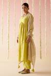 Nero India_Yellow Kurta Embroidered Aari V-neck A-line Flared Pant Set _Online_at_Aza_Fashions