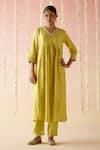 Shop_Nero India_Yellow Kurta Embroidered Aari V-neck A-line Flared Pant Set _Online_at_Aza_Fashions