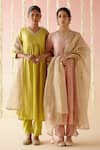 Shop_Nero India_Yellow Kurta Embroidered Aari V-neck A-line Flared Pant Set 