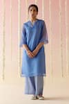 Buy_Nero India_Blue Kurta Viscose Organza Embroidered Floral V-neck Knot And Pant Set _at_Aza_Fashions