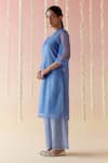 Nero India_Blue Kurta Viscose Organza Embroidered Floral V-neck Knot And Pant Set _Online_at_Aza_Fashions