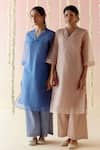 Buy_Nero India_Blue Kurta Viscose Organza Embroidered Floral V-neck Knot And Pant Set 