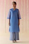 Shop_Nero India_Blue Kurta Viscose Organza Embroidered Floral V-neck Knot And Pant Set _at_Aza_Fashions