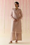 Nero India_Pink Kurta Viscose Organza Embroidered Floral V-neck And Pant Set _at_Aza_Fashions