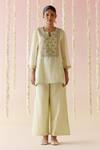 Buy_Nero India_Yellow Crushed Tissue Embroidered Lace Notched Thread Kurta With Pant _at_Aza_Fashions