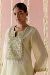 Nero India_Yellow Crushed Tissue Embroidered Lace Notched Thread Kurta With Pant _Online_at_Aza_Fashions