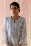 Nero India_Blue Crushed Tissue Embroidered Lace Notched Kurta With Pant _Online_at_Aza_Fashions