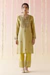 Buy_Nero India_Green Kurta Crushed Tissue Embroidered Lace Notched Thread And Pant Set _at_Aza_Fashions