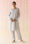 Buy_Nero India_Blue Kurta Crushed Tissue Embroidered Lace Notched And Pant Set _at_Aza_Fashions