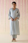 Buy_Nero India_Blue Tissue Embroidered Aari V-neck Kurta With Pant _at_Aza_Fashions