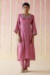 Buy_Nero India_Pink Tissue Embroidered Aari Cutwork Lace Kurta With Pant _at_Aza_Fashions