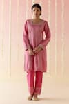 Buy_Nero India_Fuchsia Kurta Crushed Tissue Embroidered Aari Glass Neckline Lace Set _at_Aza_Fashions