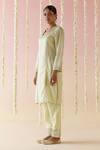 Nero India_Green Kurta Crushed Tissue Embroidered Aari Glass Neckline Set _Online_at_Aza_Fashions