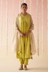 Buy_Nero India_Yellow Chanderi Embroidered Aari V-neck Gota Lace Kurta With Pant _at_Aza_Fashions