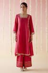 Buy_Nero India_Pink Chanderi Embroidered Aari Glass Neckline Gota Lace Kurta And Pant Set _at_Aza_Fashions