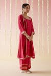 Nero India_Pink Chanderi Embroidered Aari Glass Neckline Gota Lace Kurta And Pant Set _at_Aza_Fashions