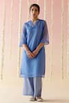 Buy_Nero India_Blue Kurta Viscose Organza Embroidered Dori V-neck French Knot With Pant _at_Aza_Fashions