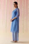 Shop_Nero India_Blue Kurta Viscose Organza Embroidered Dori V-neck French Knot With Pant _at_Aza_Fashions