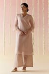 Nero India_Pink Kurta Viscose Organza Embroidered Dori V-neck French Knot And Pant Set _at_Aza_Fashions