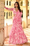 Buy_SANAM_Pink Silk Chiffon Print Floral Plunge Soft Ruffle Pre Draped Saree With Blouse _at_Aza_Fashions