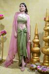 Buy_Sheela Suthar_Pink Silk Slub Satin Embroidery Zardosi Blouse Lotus Cape And Draped Skirt Set _at_Aza_Fashions